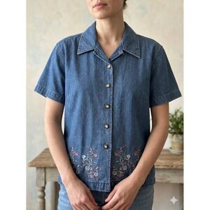 Jane Ashley Vintage Embroidered Denim Shirt PM Floral 90s Cottagecore Grannycore